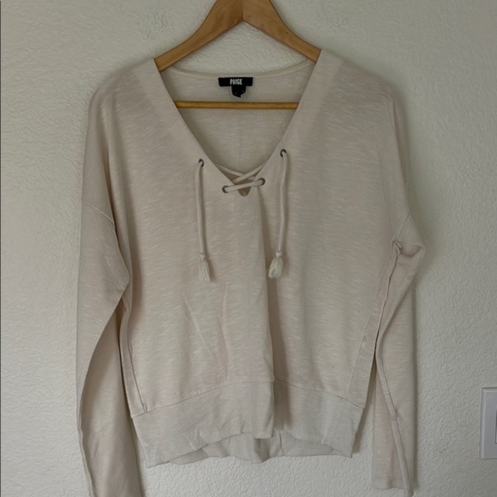 Paige Cream V-Neck Lace-Up Sweater large